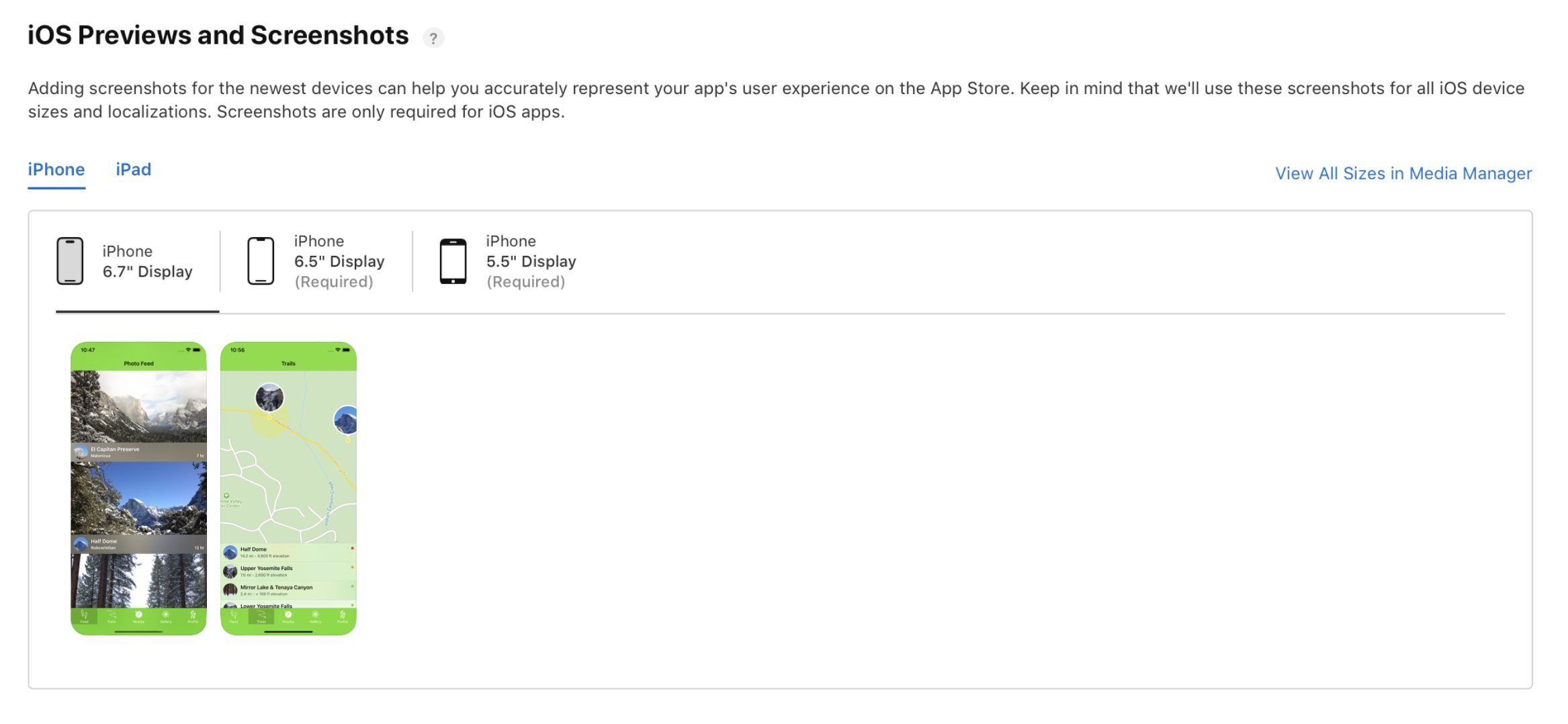 此截圖呈現 iOS 平台詳細資訊頁面的「App 預覽和截圖」區段。