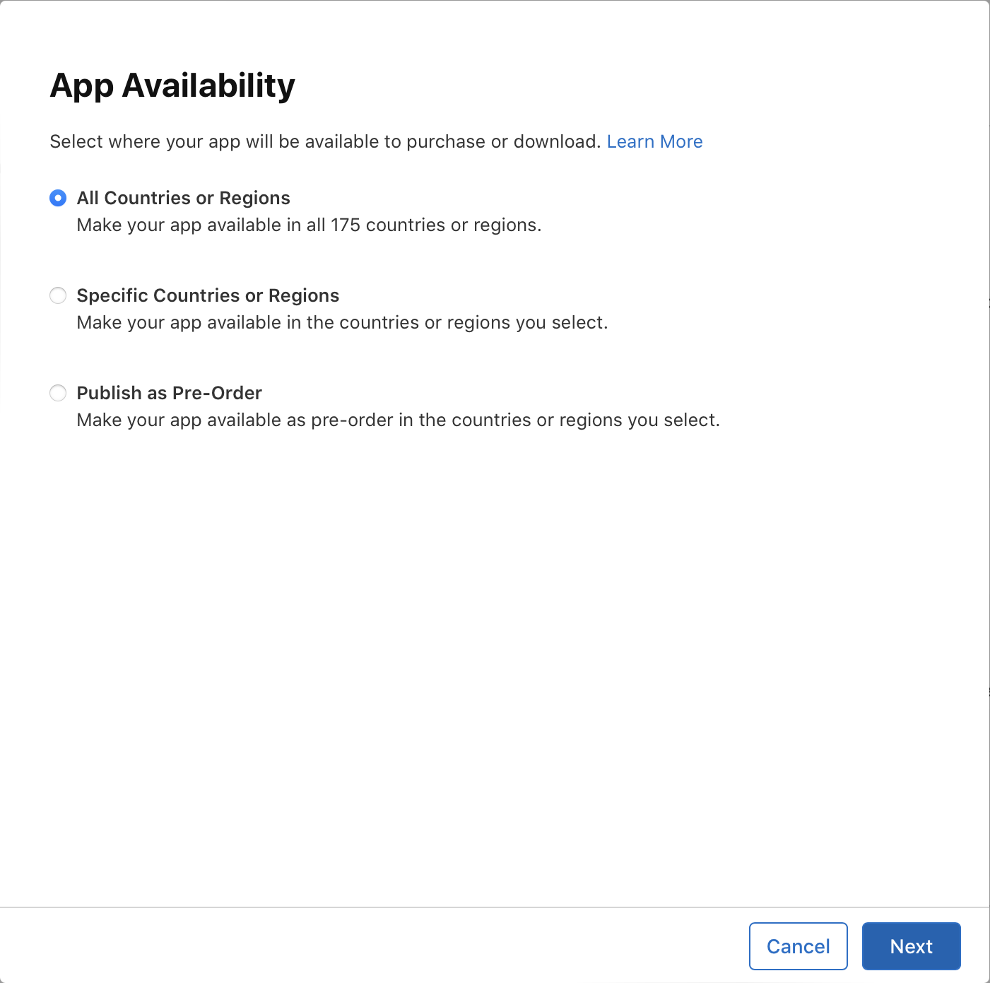 截屏为“App 供应情况”对话框，你可以在此选择 App 提供的国家或地区，三个选项分别是“所有国家或地区”、“特定国家或地区”和“发布预购”。右下方是“取消”和“下一步”按钮。